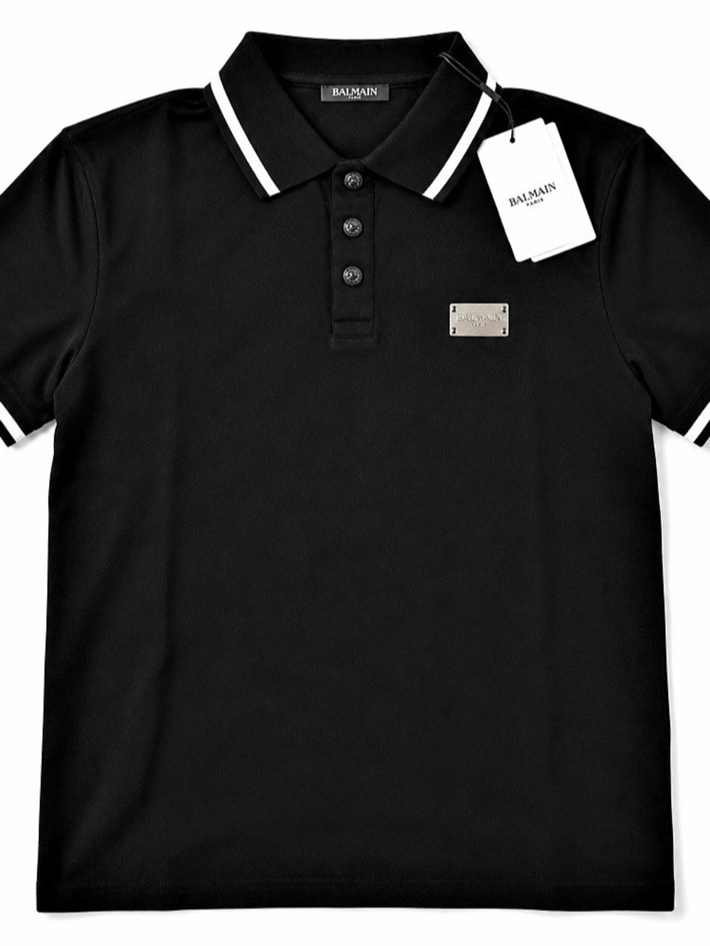 Balmain Black Logo Plaque Pique Polo Shirt